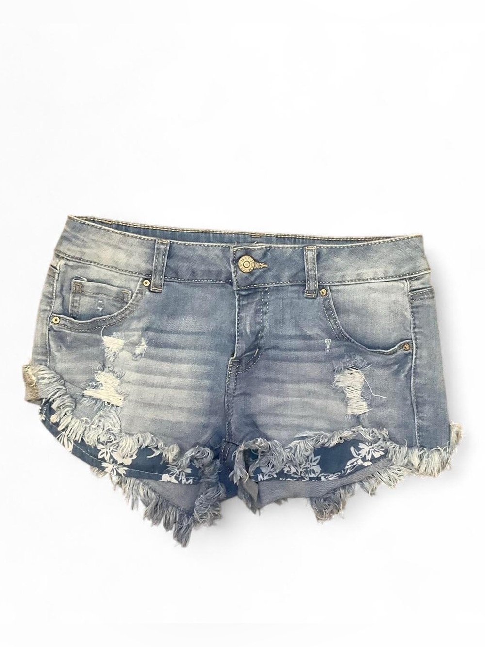 Light wash distressed ripped wax jean shorts